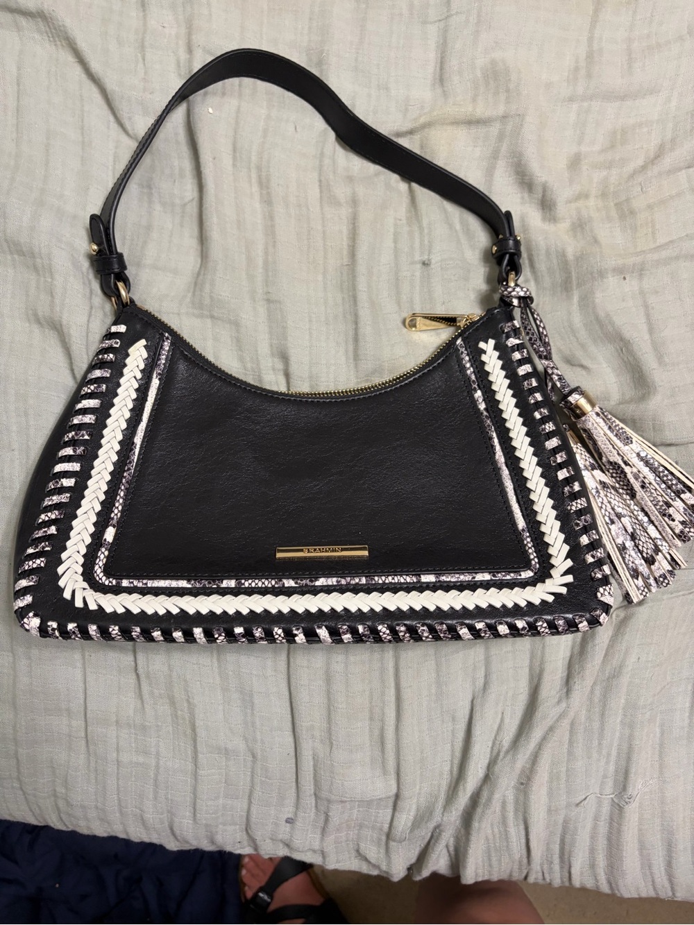 Brahmin black blazer esme shoulder bag braided smooth leather snakeskin